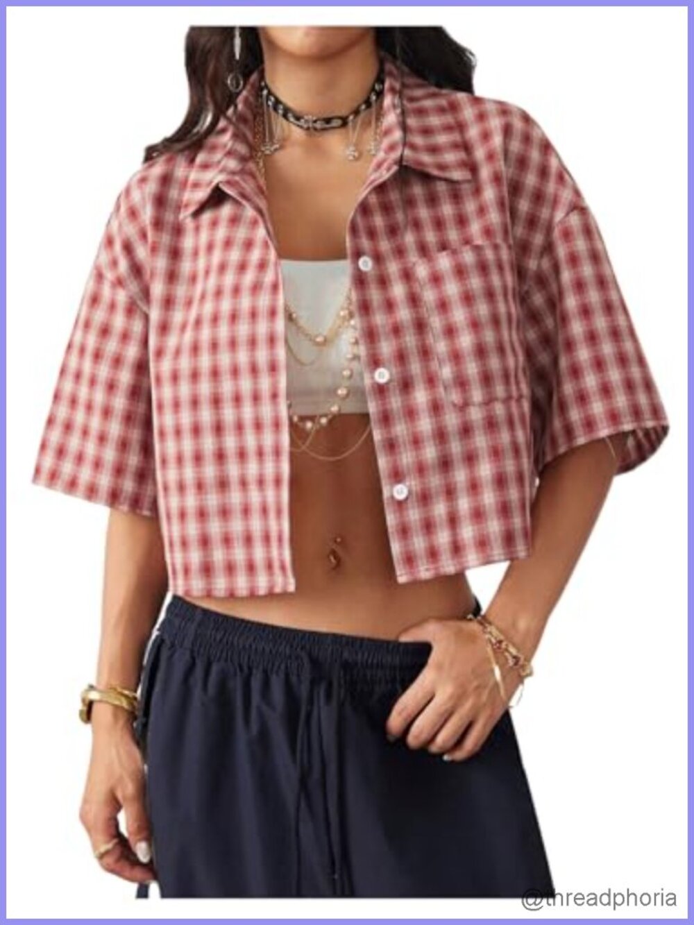 Women's Short Sleeve Crop Plaid Button Down Shirt